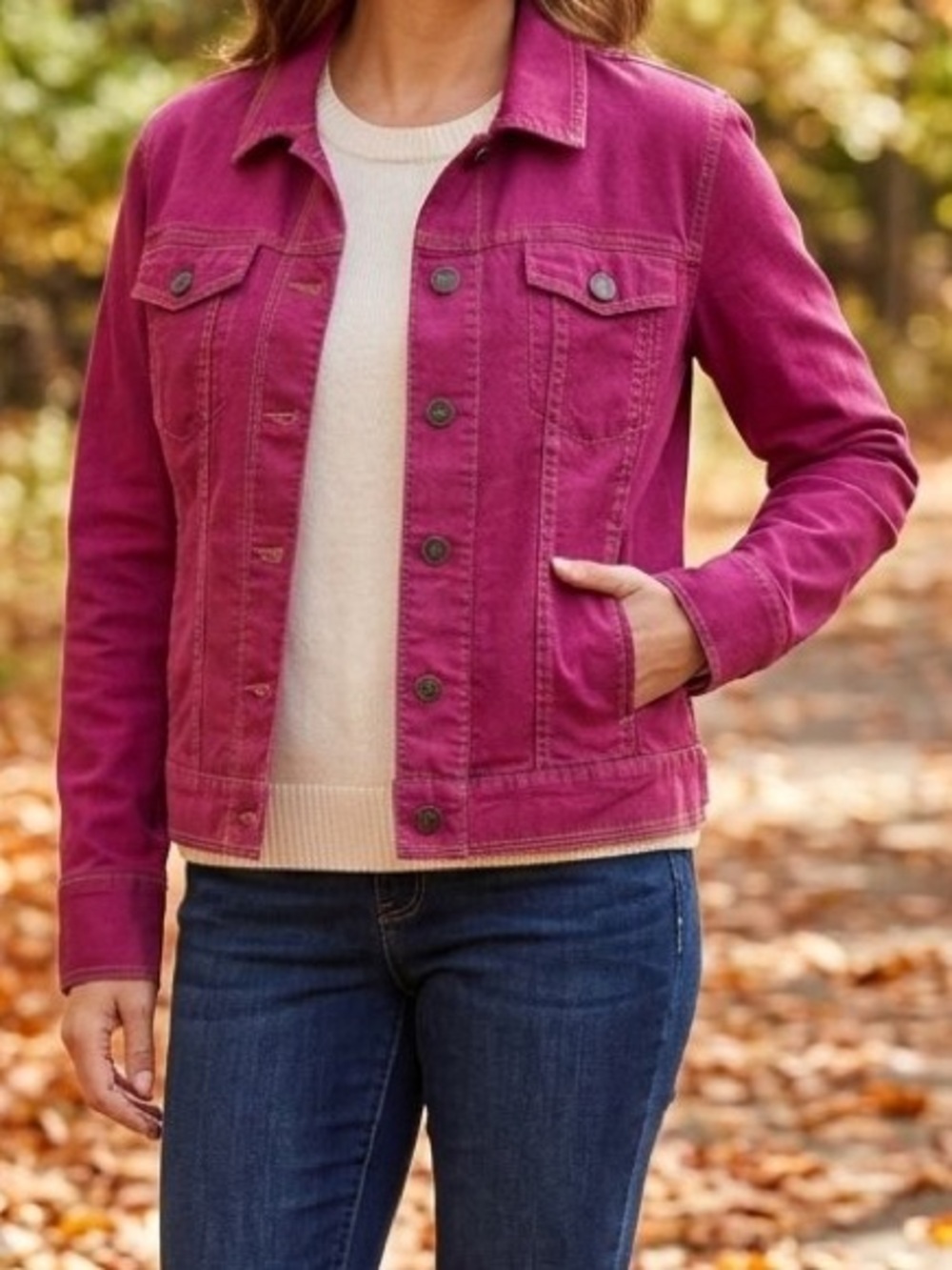Eddie Bauer Denim Jacket Linen Cotton Trucker Raspberry Pink Magenta Size MP EUC